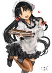  ;d ahoge bangs black_hair black_skirt blush breasts brown_eyes brown_legwear commentary_request dated fish floating_heart hand_up head_tilt highres holding holding_plate japanese_clothes kantai_collection kappougi leg_up long_hair low-tied_long_hair one_eye_closed open_mouth plate pleated_skirt saury shouhou_(kantai_collection) sidelocks signature simple_background skirt smile solo thighhighs toka_(marchlizard) white_background 