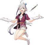  ahoge asashimo_(kantai_collection) dish fish fujikawa grey_eyes grey_hair hair_over_one_eye happi japanese_clothes kantai_collection long_hair multicolored_hair official_art ponytail purple_hair sarashi saury serving sharp_teeth shorts teeth torn_clothes torn_sarashi turret 