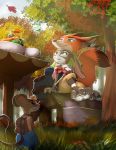  2018 5_fingers anthro canine clothed clothing day digital_media_(artwork) disney female forest fox fur grass green_eyes hi_res lagomorph low-angle_view male mammal mechagen mouse orange_fur outside purple_eyes rabbit rodent sky smile tree worm&#039;s-eye_view zootopia 