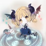  bangs black_bow black_legwear black_ribbon blonde_hair blue_dress blush bow breasts brown_eyes brown_footwear brown_wings card closed_mouth collared_shirt commentary_request cottontailtokki creature curled_horns demon_horns dragon_wings dress eyebrows_visible_through_hair feathered_wings green_wings gremory_(shadowverse) head_tilt head_wings highres holding holding_card horns long_hair magic_circle medium_breasts mismatched_wings puffy_short_sleeves puffy_sleeves ribbon shadowverse shirt shoes short_sleeves smile solo sparkle thighhighs wings 