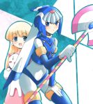  2girls alouette_(rockman_zero) android aoyama_sou bangs blonde_hair blue_eyes blunt_bangs blush female hand_on_thigh helmet holding holding_weapon leaning_forward leviathan leviathan_(rockman) long_hair multiple_girls open_mouth polearm rockman rockman_zero smile spear stuffed_animal stuffed_cat stuffed_toy thighhigs weapon 
