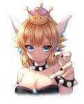  1girl arm_at_side armlet artist_request bare_shoulders black_dress black_nails blonde_hair blue_eyes blush bowsette bracelet breasts cleavage closed_mouth collar collarbone crown dress earrings expressionless fang fang_out female gem hand_up jewelry large_breasts long_hair looking_at_viewer mario_(series) monster_girl nail_polish neck nintendo pointy_ears ponytail ringed_eyes sapphire_(stone) serious shade simple_background smile solo spiked_armlet spiked_bracelet spiked_collar spikes strapless strapless_dress super_crown super_mario_bros. teeth upper_body white_background white_horns 