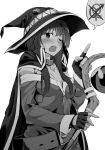  belt blush breasts cape choker cleavage covered_nipples cross-laced_clothes fingerless_gloves gloves greyscale hat highres index_finger_raised kono_subarashii_sekai_ni_shukufuku_wo! long_hair looking_at_viewer mars_symbol medium_breasts megumin monochrome one_eye_closed open_mouth shirt simple_background solo spoken_mars_symbol spoken_venus_symbol staff tokihanatareshi upper_body venus_symbol white_background witch_hat 