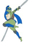  2013 action_pose anthro belt breasts chochi crossgender dual_wielding female green_eyes hi_res holding_object holding_weapon katana knee_pads leonardo_(tmnt) melee_weapon pose reptile scalie shell simple_background solo sword teenage_mutant_ninja_turtles turtle weapon white_background 