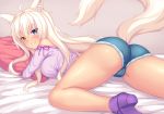  animal_ears ass bare_shoulders bed_sheet blue_eyes blush breasts cat_ears cat_tail coconut_(sayori) commentary denim denim_shorts english_commentary eyebrows_visible_through_hair fast-runner-2024 grin heterochromia high_heels large_breasts long_hair looking_at_viewer lying micro_shorts nekopara on_bed on_stomach pillow pillow_hug platinum_blonde_hair short_shorts shorts slit_pupils smile solo tail teeth yellow_eyes 