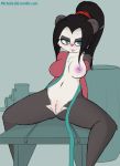  2017 anthro bear black_fur black_hair blush breasts dashboom exposed_breasts female front_view fur green_eyes hair hair_tie li_li_stormstout long_hair looking_at_viewer mammal multicolored_fur navel nipples one_breast_out pandaren pink_areola pink_nipples pink_nose ponytail presenting presenting_pussy pussy sitting solo spread_legs spreading tongue tongue_out two_tone_fur video_games warcraft white_fur 