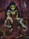  armor big_breasts black_fur black_hair boots breasts cape cleavage clothed clothing ear_piercing female footwear fur green_eyes green_skin hair humanoid kate_starling loincloth looking_at_viewer melee_weapon not_furry orc pauldron piercing polearm solo spear tusks weapon 