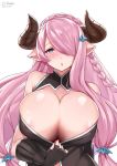  areola_slip areolae bare_shoulders black_dress black_gloves blue_eyes blush braid breasts cleavage cleavage_cutout draph dress dress_pull elbow_gloves fingerless_gloves gloves granblue_fantasy hair_ornament hair_over_one_eye hairclip heart heart-shaped_pupils highres horns huge_breasts lavender_hair long_hair looking_at_viewer low_tied_hair narmaya_(granblue_fantasy) open_mouth pointy_ears simple_background single_braid sleeveless solo surock symbol-shaped_pupils very_long_hair white_background 