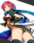  ass black_dress black_legwear blue_eyes breasts commentary_request dress gloves holding holding_weapon kotuzui_yositune looking_at_viewer nel_zelpher open_mouth panties red_hair scarf short_hair sideboob solo standing star_ocean star_ocean_till_the_end_of_time thighhighs thighs underwear weapon 