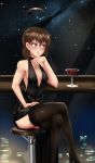  ahoge andou_natsuki bare_arms bare_shoulders black_choker black_dress black_footwear black_legwear blush breasts brown_eyes brown_hair choker commentary crossed_legs cup dress drinking_glass ear_blush elbow_rest eyebrows_visible_through_hair hair_between_eyes hand_on_own_thigh high_heels highres huge_ahoge jewelry kitakubu_katsudou_kiroku looking_away medium_breasts night ring shoes shooting_star short_hair side_slit sitting sky sleeveless sleeveless_dress solo star_(sky) starry_sky thighhighs twrlare wedding_band 