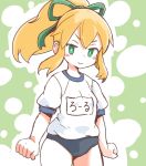  1girl blonde_hair blush_stickers bow buruma done_(donezumi) female green_eyes gym_uniform hair_bow ponytail rockman rockman_(classic) roll smile solo 