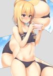  ass azur_lane bangs bare_shoulders bikini blonde_hair blush body_mahattaya_ginga breasts cellphone closed_mouth collarbone commentary_request eyebrows_visible_through_hair grey_background grey_bikini hair_between_eyes hair_flaps hips multiple_views navel phone purple_eyes short_hair_with_long_locks sidelocks simple_background small_breasts swimsuit thighs warspite_(azur_lane) 