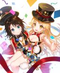  :d band_uniform bang_dream! bangs black_hair blonde_hair blue_eyes blush bow bowtie breasts carrying cleavage confetti dress earrings gloves hair_ornament hairclip hat hat_bow jacket jewelry long_hair long_sleeves looking_at_viewer medium_breasts michelle_(bang_dream!) multiple_girls okusawa_misaki open_mouth polka_dot_neckwear pom_pom_(clothes) princess_carry red_bow short_hair smile smiley_face streamers sweatdrop tokkyu_(user_mwwe3558) top_hat tsurumaki_kokoro yellow_eyes 