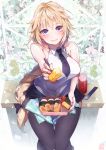  1girl bare_shoulders blonde_hair blush breasts chopsticks fate/apocrypha fate/grand_order fate_(series) food highres holding holding_food jeanne_d&#039;arc_(fate) jeanne_d&#039;arc_(fate)_(all) kanola_u long_braid long_hair looking_at_viewer medium_breasts obentou onigiri open_mouth purple_eyes sitting smile solo tempura thighhighs very_long_hair 