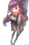  adjusting_scarf artist_name bangs black_legwear blush boots breasts breathing coat commentary eyebrows_visible_through_hair girls_frontline hair_ribbon hand_in_pocket highres large_breasts lee_seok_ho long_hair looking_at_viewer necktie one_side_up open_mouth pantyhose plaid plaid_skirt pleated_skirt purple_hair red_eyes red_neckwear ribbon scarf shirt simple_background skirt snowflake_print solo very_long_hair wa2000_(girls_frontline) weapon_bag white_background white_shirt 