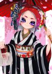  bag black_kimono blue_eyes cephalopod_eyes cherry_blossoms closed_mouth grey_kimono hair_ornament head_tilt highres holding holding_bag holding_umbrella japanese_clothes kanzashi kashu_(hizake) kimono long_sleeves looking_at_viewer medium_hair monster_girl obi octarian octoling oriental_umbrella parasol petals print_obi red_hair sash short_eyebrows sidelocks smile solo splatoon_(series) splatoon_2 splatoon_2:_octo_expansion standing striped striped_kimono suction_cups tentacle_hair umbrella wide_sleeves 