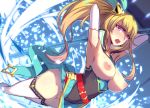  armpits arms_behind_head belt blonde_hair breasts breasts_outside censored commentary_request detached_sleeves dragalia_lost elisanne hair_ornament lao_meng large_breasts looking_at_viewer mosaic_censoring nipples no_panties open_mouth polearm ponytail purple_eyes solo spear thighhighs weapon white_legwear 