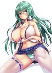  aqua_panties arm_under_breasts ass_visible_through_thighs bangs bare_shoulders blue_eyes blue_skirt blush breasts cameltoe collarbone commentary_request covered_nipples detached_sleeves ebi_193 eyebrows_visible_through_hair feet_out_of_frame green_hair hair_between_eyes hair_tubes hand_on_own_chest hand_up huge_breasts kochiya_sanae long_hair long_sleeves looking_at_viewer md5_mismatch miniskirt navel open_clothes open_shirt panties parted_lips shiny shiny_skin shirt simple_background single_sidelock sitting skindentation skirt solo stomach striped striped_panties thighhighs thighs touhou underwear white_background white_legwear white_panties white_shirt wide_sleeves wing_collar 