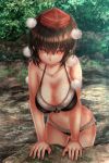 arm_support bangs black_bra black_hair black_panties bow bow_bra bra breasts cleavage closed_mouth collarbone cowboy_shot dappled_sunlight day frilled_panties frills hat highres large_breasts leaning_forward light_frown looking_at_viewer navel outdoors panties pointy_ears red_eyes see-through shameimaru_aya short_hair short_sleeves shounen_(hogehoge) solo standing sunlight tokin_hat touhou underwear underwear_only wet wet_hair 