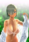  areolae bare_shoulders blue_eyes blurry blurry_background blush breasts cleavage closed_mouth collarbone commentary_request covered_nipples hair_ornament hair_over_one_eye hairclip hamakaze_(kantai_collection) highres japanese_clothes kantai_collection kimono large_breasts looking_at_viewer navel open_clothes open_kimono short_hair silver_hair tan tanline wa_(genryusui) wet white_bikini_top white_kimono wide_sleeves 