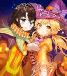  absurdres alternate_hairstyle bang_dream! bangs black_hair blonde_hair blue_eyes blush bow bowtie cross-laced_clothes flying_sweatdrops hair_ornament hairclip halloween_costume hat hat_bow highres jester long_hair long_sleeves looking_at_viewer multiple_girls neck_ruff night night_sky okusawa_misaki orange_(color) outstretched_arm purple_bow purple_hat purple_neckwear short_hair silk sky smile sparkle spider_web striped striped_bow striped_neckwear tokkyu_(user_mwwe3558) tsurumaki_kokoro twintails v-shaped_eyebrows wide_sleeves witch_hat yellow_eyes 