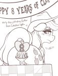  2018 applejack_(mlp) blush butt cutie_mark dessert dock earth_pony english_text equine female feral food freckles friendship_is_magic greyscale hair hat horse looking_at_viewer looking_back mammal monochrome my_little_pony pony pussy ratofdrawn solo table text 