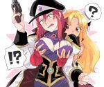  2girls ? blonde_hair blue_eyes blush breast_grab breasts bridal_gauntlets brown_eyes commentary_request forte_stollen galaxy_angel grabbing groping gun hair_ornament hakinikui_kutsu_no_mise handgun hat holding holding_weapon large_breasts long_hair long_sleeves military_hat monocle multiple_girls open_mouth ranpha_franboise red_hair revolver speech_bubble sweatdrop weapon yuri 
