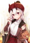  ale_nqki autumn_leaves bag belt blush breasts casual commentary_request contemporary earrings eyebrows_visible_through_hair fate/grand_order fate_(series) hair_between_eyes hair_over_shoulder hair_tucking handbag hat head_tilt high-waist_skirt highres horns jewelry long_hair looking_at_viewer medium_breasts outdoors red_eyes ring skirt smile solo stud_earrings tomoe_gozen_(fate/grand_order) turtleneck very_long_hair white_hair 