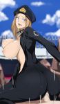  1girl absurdres areolae ass bodysuit boku_no_hero_academia bouncing_breasts breasts brown_eyes censored clothed_female_nude_male clothed_sex day eyebrows_visible_through_hair girl_on_top hat hetero highres large_breasts light_brown_hair long_hair looking_at_viewer looking_back mosaic_censoring motion_blur nipples no_bra nude outdoors peaked_cap penis pussy redbarong reverse_cowgirl_position sex sky solo_focus straddling sweat unzipped utsushimi_kemii vaginal 
