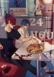  black_shirt blood blood_on_shoes bloody_fork bloody_knife blue_eyes blue_hair booth cherry contemporary dd_(vktr4837) diner fate_(series) food fork french_fries fruit hamburger ice_cream knife koha-ace looking_at_another major_matou male_focus menu mori_nagayoshi_(fate) multiple_boys red_hair sharp_teeth shirt shoes sneakers spiked_hair sundae table teeth wavy_hair white_shirt window 