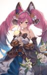  bare_shoulders blue_hair brown_eyes cleo_(dragalia_lost) commentary_request detached_sleeves dragalia_lost dress flower frown glowing gradient hair_ornament hair_ribbon highres pink_hair ribbon siki_00 simple_background solo twintails wand white_background 