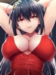  ahoge alternate_costume armpits arms_behind_head azur_lane bangs bare_shoulders black_hair blush breasts choker cleavage cocktail_dress collarbone commentary_request covered_nipples dress eyebrows_visible_through_hair gradient gradient_background hair_between_eyes hair_ornament highres huge_breasts large_breasts long_hair looking_at_viewer open_mouth red_choker red_dress red_eyes shinyashiki sidelocks simple_background smile solo sweat taihou_(azur_lane) upper_body very_long_hair 