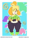  2018 animal_crossing anthro bell belly biped blush canine clothed clothing cute digital_media_(artwork) dog female front_view fully_clothed hair isabelle_(animal_crossing) leg_warmers legwear loose_shirt mammal navel nekocrispy nintendo one_eye_closed pigeon_toed shih_tzu short_stack slightly_chubby solo thick_thighs video_games wide_hips wink yoga_pants 