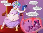  2018 anthro book breasts clothing cutie_mark deusexequus dialogue digital_media_(artwork) duo english_text equine female friendship_is_magic hair horn long_hair mammal multicolored_hair my_little_pony one_eye_closed princess_celestia_(mlp) sitting text twilight_sparkle_(mlp) vore winged_unicorn wings 