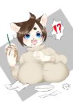  !? 1girl blue_eyes brown_hair dog food furry hamburger open_mouth shocked sirn_0415 solo sweater 