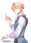  alberto_hawk blonde_hair blue_eyes bottle copyright_name hair_between_eyes long_sleeves looking_at_viewer male_focus official_art potion seijo_no_maryoku_wa_bannou_desu shuri_yasuyuki white_background 