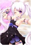  &gt;o&lt; aisha_(elsword) armpits blush breasts cat_and_rabbit cherry_blossoms collarbone elsword eyebrows_visible_through_hair flower heart long_hair nail_polish nipples one_breast_out one_eye_closed oppai_challenge petals phoru_(elsword) purple_eyes rose small_breasts smirk twintails white_hair 