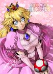  blonde_hair blue_eyes copyright_name dress earrings elbow_gloves eyebrows_visible_through_hair gloves hair_between_eyes holding isamu-ki_(yuuki) jewelry long_hair mario_(series) pink_dress pink_gloves princess_peach short_sleeves smile solo super_mario_bros. 