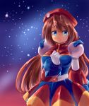  alternate_eye_color android beret blue_eyes blush breasts brown_hair capcom commentary_request dress eyebrows_visible_through_hair gloves hair_between_eyes hand_on_own_chest hat highres iris_(rockman_x) long_hair looking_at_viewer medium_breasts military_hat night night_sky rockman rockman_x rockman_x4 sky solo star_(sky) starry_sky t-miyachi white_gloves 