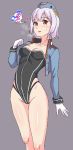  breasts commentary_request girls_frontline gloves highres jacket leotard looking_at_viewer medium_breasts muchabou p08_(girls_frontline) red_eyes short_hair silver_hair skirt strapless strapless_leotard 