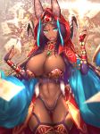 abs animal_ears aqua_eyes breasts bridal_gauntlets cleavage commentary_request dark_skin dollar_sign fang fate/grand_order fate_(series) gem head_chain highres hood horns jewelry large_breasts long_hair looking_at_viewer money navel open_mouth purple_hair queen_of_sheba_(fate/grand_order) shiroshisu smile solo yen_sign 
