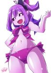  bikini black_sclera blue_hair bow demon_girl detached_collar from_below gradient_hair hair_ornament hand_on_hip kisa_kazuyuki looking_at_viewer multicolored_hair musume nail_polish navel one_side_up open_mouth pointy_ears purple_bikini_bottom purple_bow purple_hair purple_nails purple_skin side-tie_bikini simple_background smile solo swimsuit topless v_yuusha_no_kuse_ni_namaiki_da_r white_background white_eyes yuusha_no_kuse_ni_namaiki_da 