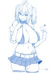  absurdres ahoge angelo_(gomahangetsu) belt bikini_top breasts commentary_request condom_wrapper highres large_breasts leash looking_at_viewer midriff miniskirt monochrome navel original saaya_(kirome) short_twintails sketch skirt twintails vibrator 