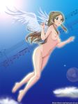  barefoot bow breasts brown_hair feathered_wings floating_hair full_body green_eyes hair_bow lens_flare long_hair maruze_circus minamino_kanade musical_note navel nipples open_mouth precure pussy red_bow small_breasts solo staff_(music) suite_precure twintails very_long_hair watermark web_address white_feathers white_wings wings 