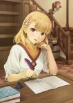  :d blonde_hair drawing eyebrows_visible_through_hair hair_ornament head_rest holding_feather ibushigin indoors long_hair looking_at_viewer open_mouth red_eyes rosetta rune_factory shiny shiny_hair shirt sitting smile solo upper_body white_shirt 