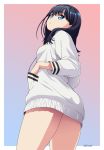  black_hair blue_background blue_eyes breasts commentary_request earrings eyebrows_visible_through_hair from_below gradient gradient_background hand_in_pocket highres jewelry kouda_tomohiro long_hair looking_at_viewer looking_down pink_background solo ssss.gridman takarada_rikka thighs twitter_username 