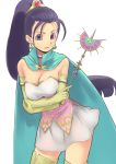  aiueonesan_(umanaminoatama) blue_cape breasts cape choker cleavage dragon_quest dragon_quest_xi dress earrings elbow_gloves gloves hair_strand holding holding_wand jewelry large_breasts long_hair looking_at_viewer miniskirt ponytail purple_eyes purple_hair senica_(dq11) simple_background skirt solo thighhighs wand white_background white_dress yellow_gloves yellow_legwear 