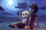  2018 animated anthro black_hair blonde_hair canine cervine clothed clothing detailed_background digital_media_(artwork) duo fox hair male mammal moon night no_sound outside red-eyes rodrigues404 sitting sky smile star starry_sky 