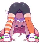  ahoge animal_ears ass bent_over bike_shorts blue_eyes cameltoe cat_ears commentary_request fukurou_(owl222) hair_bobbles hair_ornament highres hinata_channel long_hair looking_at_viewer loose_clothes mismatched_legwear nekomiya_hinata orange_legwear pink_hair solo striped striped_legwear tank_top thighhighs twintails virtual_youtuber white_background white_tank_top 