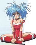  90s blue_eyes blue_hair boots bracer breasts choker cleavage corque_lans faussete_amour full_body indian_style knee_boots leotard long_hair looking_at_viewer non-web_source official_art red_footwear ryuichi_makino shiny shiny_skin sitting small_breasts smile solo strap_slip 